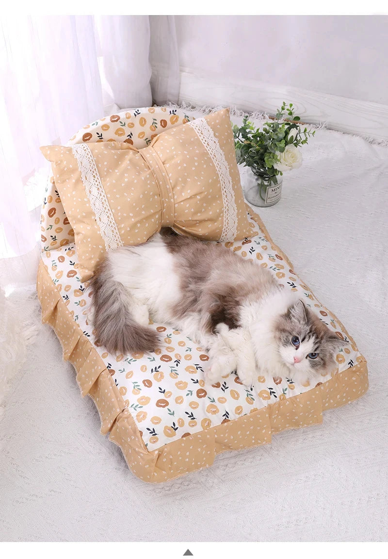 Cute Bow Cat Dog Bed With Pillow Princess Nest Small Medium Puppy Mattresses Sleeping Mat Detachable Pet Sofa Dog Beds Supplies