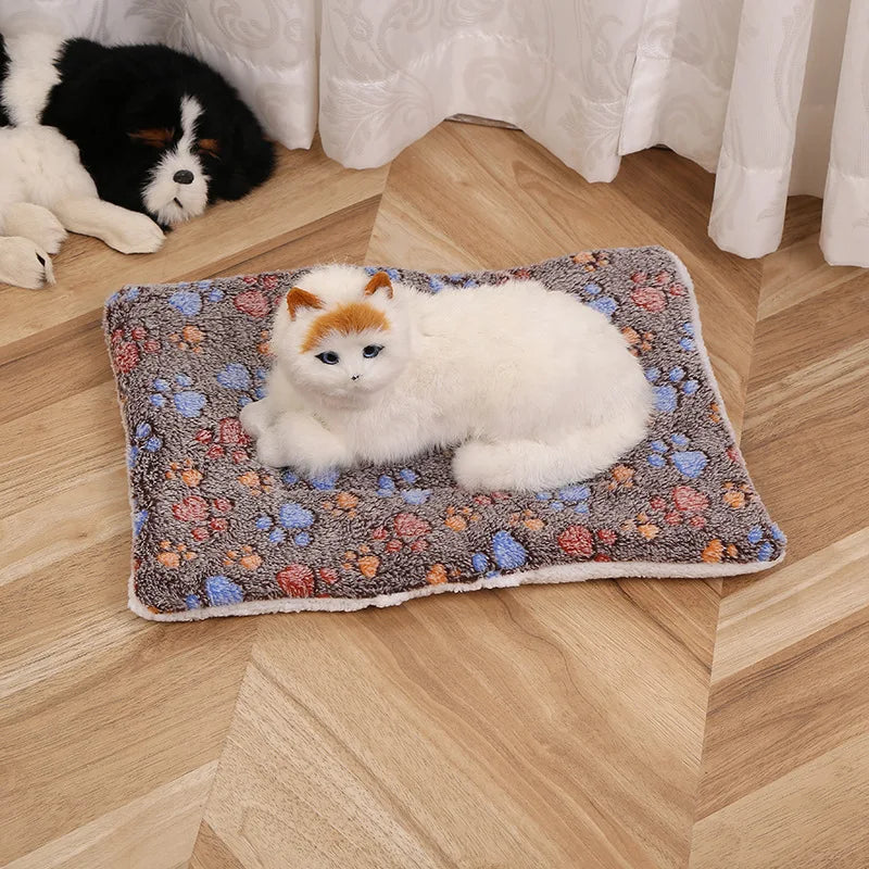 Ultra Soft Plush Cat Bed Mat with Cute Prints Reversible Fleece Dog Crate Kennel Pad Cozy Washable Thickened  for Kitten Puppy