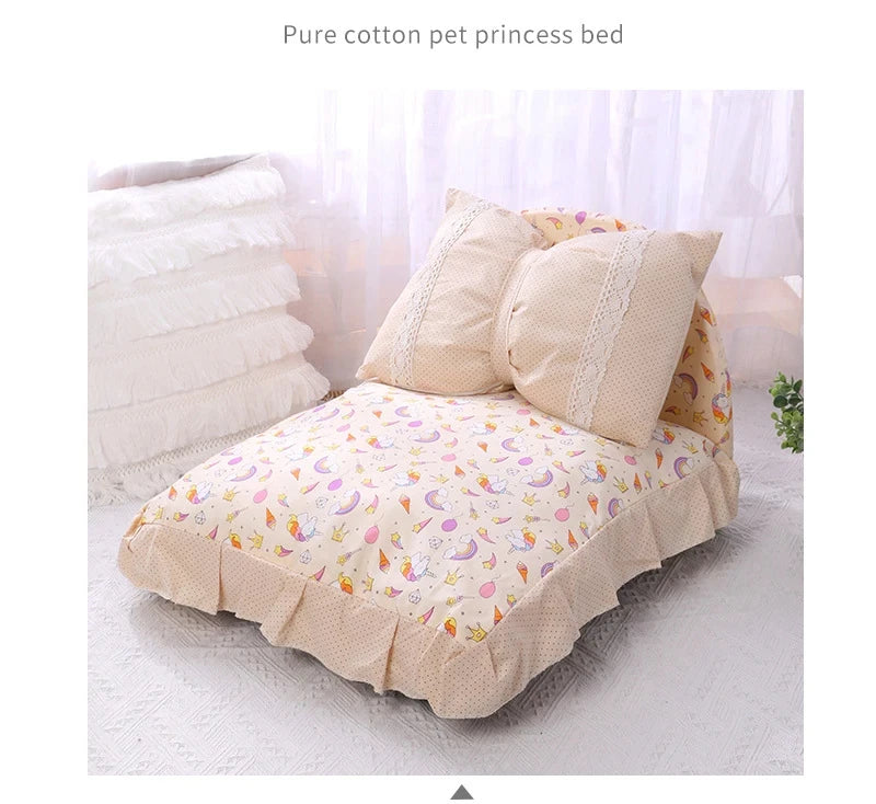 Cute Bow Cat Dog Bed With Pillow Princess Nest Small Medium Puppy Mattresses Sleeping Mat Detachable Pet Sofa Dog Beds Supplies