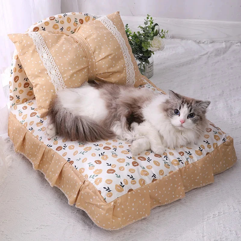 Cute Bow Cat Dog Bed With Pillow Princess Nest Small Medium Puppy Mattresses Sleeping Mat Detachable Pet Sofa Dog Beds Supplies