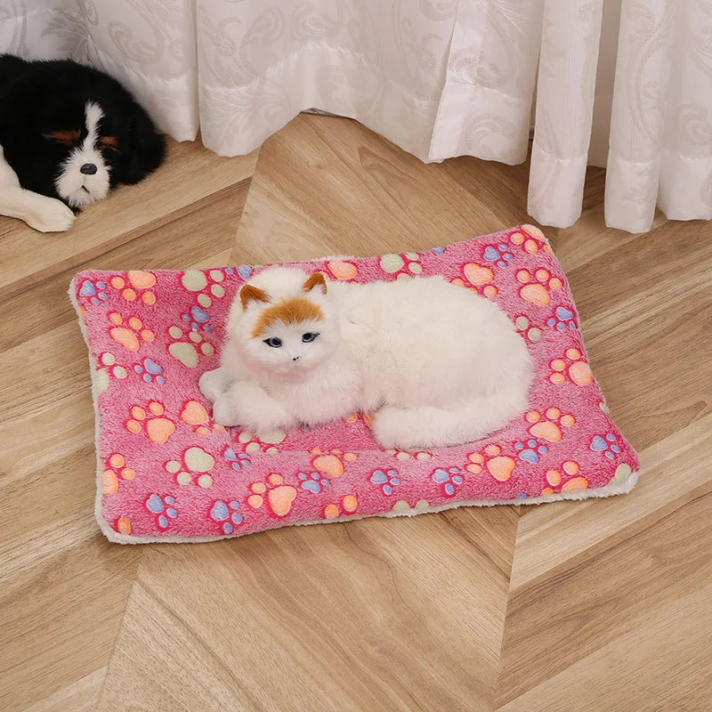 Ultra Soft Plush Cat Bed Mat with Cute Prints Reversible Fleece Dog Crate Kennel Pad Cozy Washable Thickened  for Kitten Puppy