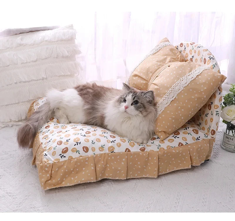 Cute Bow Cat Dog Bed With Pillow Princess Nest Small Medium Puppy Mattresses Sleeping Mat Detachable Pet Sofa Dog Beds Supplies