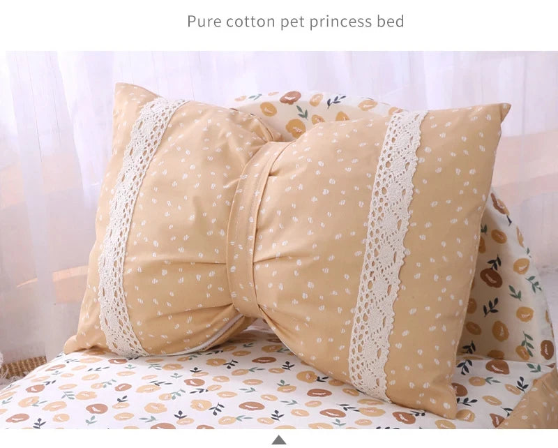 Cute Bow Cat Dog Bed With Pillow Princess Nest Small Medium Puppy Mattresses Sleeping Mat Detachable Pet Sofa Dog Beds Supplies