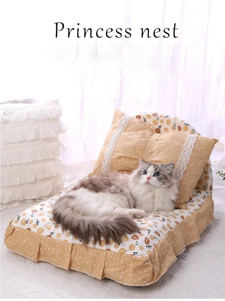 Cute Bow Cat Dog Bed With Pillow Princess Nest Small Medium Puppy Mattresses Sleeping Mat Detachable Pet Sofa Dog Beds Supplies